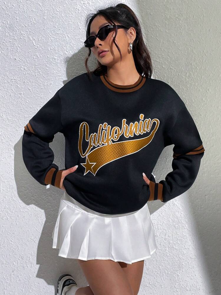 Letter Graphic Striped Trim Drop Shoulder Sweatshirt Pullover Fall Sweatshirt