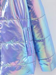 SHEIN Tween Girl 全息拉链连帽夹棉外套（不含毛衣） - 彩色 - 查看 3