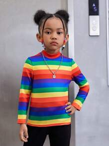SHEIN 年轻女孩基本款休闲彩虹条纹立领长袖针织上衣，秋冬 - 彩色 - 查看 3