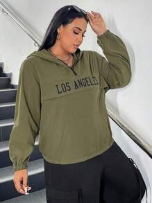 SHEIN EZwear Plus Letter Graphic Half Zip Hooded Jacket - Green - View 3