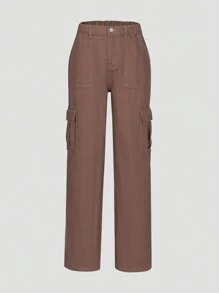 Teen Girl Flap Pocket Side Cargo Jeans - Coffee Brown - View 1