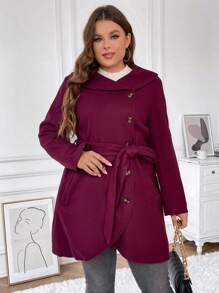 SHEIN Clasi Plus Foldover Collar Asymmetrical Hem Belted Coat - Burgundy - View 5