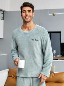 Men Letter Embroidery Drop Shoulder PJ Set / Pajama Set - Grey - View 4