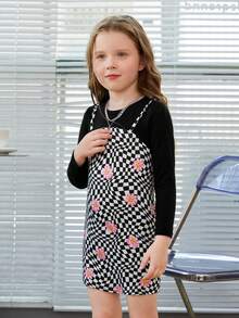女小童棋盤格和印花假兩件洋裝 - 黑色 - 查看 6