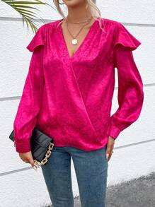 SHEIN Clasi Floral Jacquard Ruffle Trim Surplice Neck Blouse - Hot Pink - View 6