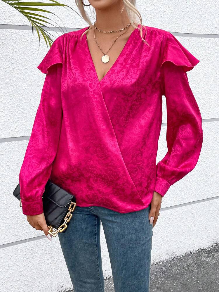 Floral Jacquard Ruffle Trim Surplice Neck Blouse