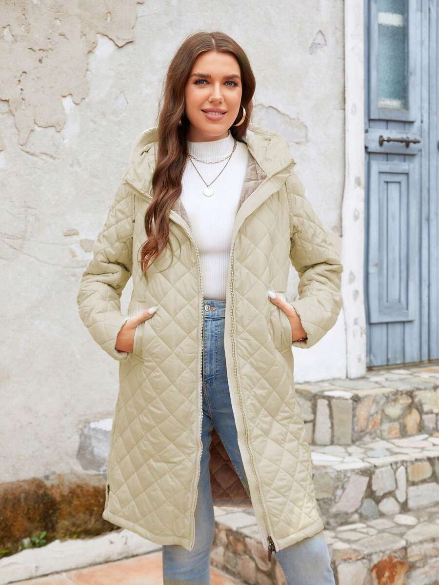 Zip Up Hooded Quilted Coat - Beige - View 1
