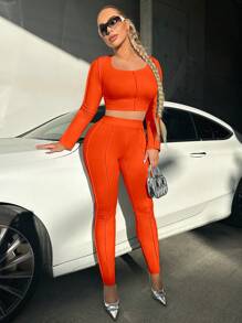 SHEIN SXY Scoop Neck Crop Tee & Leggings - Orange - View 4