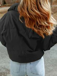 CILKOO Chaqueta con cremallera, acolchada en los hombros, de unicolor y casual, para otoño/invierno - Negro - Ver 2