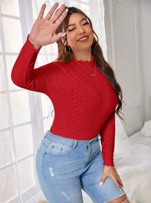 SHEIN Essnce Valentine's Day,Plus Solid Eyelet Embroidery Lettuce Trim Tee