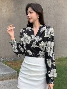 DAZY Floral Print Surplice Neckline Drop Shoulder Blouse - Black - View 5