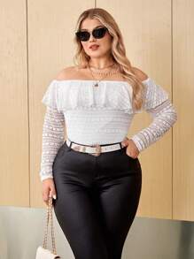 SHEIN Privé Plus Off Shoulder Ruffle Trim Lace Tee - White - View 1