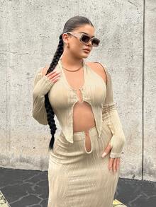 SHEIN SXY 環鏈繞頸不對稱下擺短款上衣帶前胸敞開短上衣 - 卡其色 - 查看 5