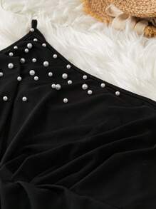 SHEIN Clasi Plus Pearls Beaded One Shoulder Twist Front Wrap Hem Dress