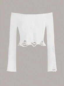SHEIN ICON Off Shoulder Ripped Crop Sweater - White - View 1