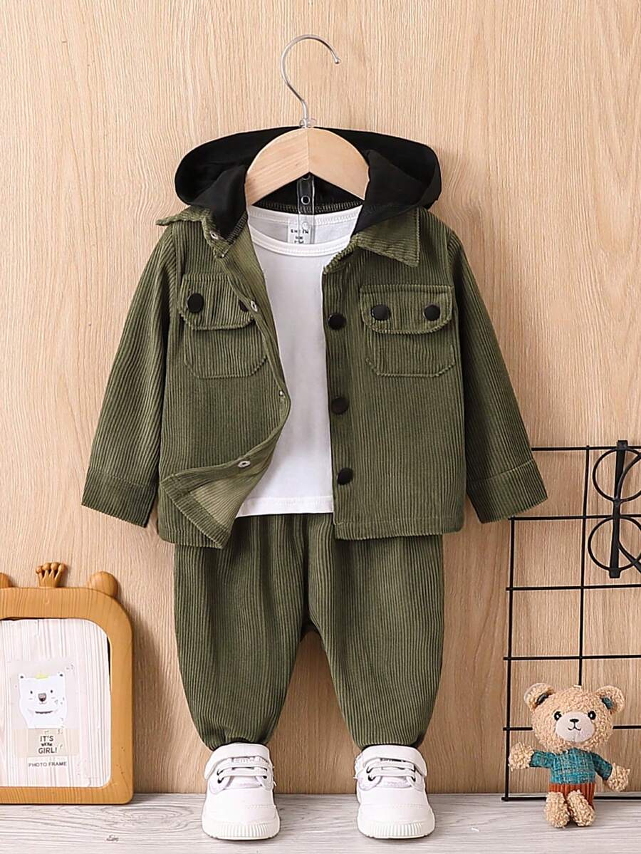 男嬰翻蓋口袋連帽襯衫和褲子不帶T恤