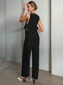 Shein Essnce Women Airport Outfit Spring And Autumn Gray Fleece Distressed Stripe Side Slit Bowknot T-Shirt And Loose Pants Set - Black - View 2