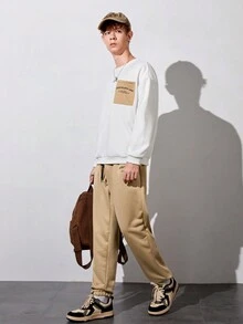 男大童標語圖案翻蓋口袋套頭衫和腰部抽繩長褲 - 白色 - 查看 5