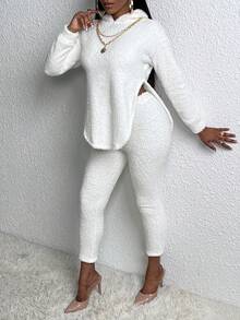 Slaydiva Áo hoodie và quần ống rộng vai rớt, xẻ tà. - trắng - Xem 2