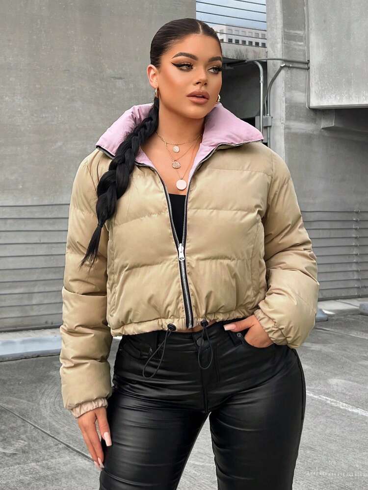 SHEIN SXY 拉链抽绳衬垫大衣 - 卡其色 - 查看 4