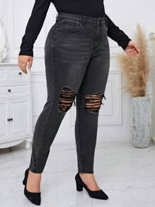 SHEIN Essnce Plus Ripped Skinny Jeans - Black - View 5