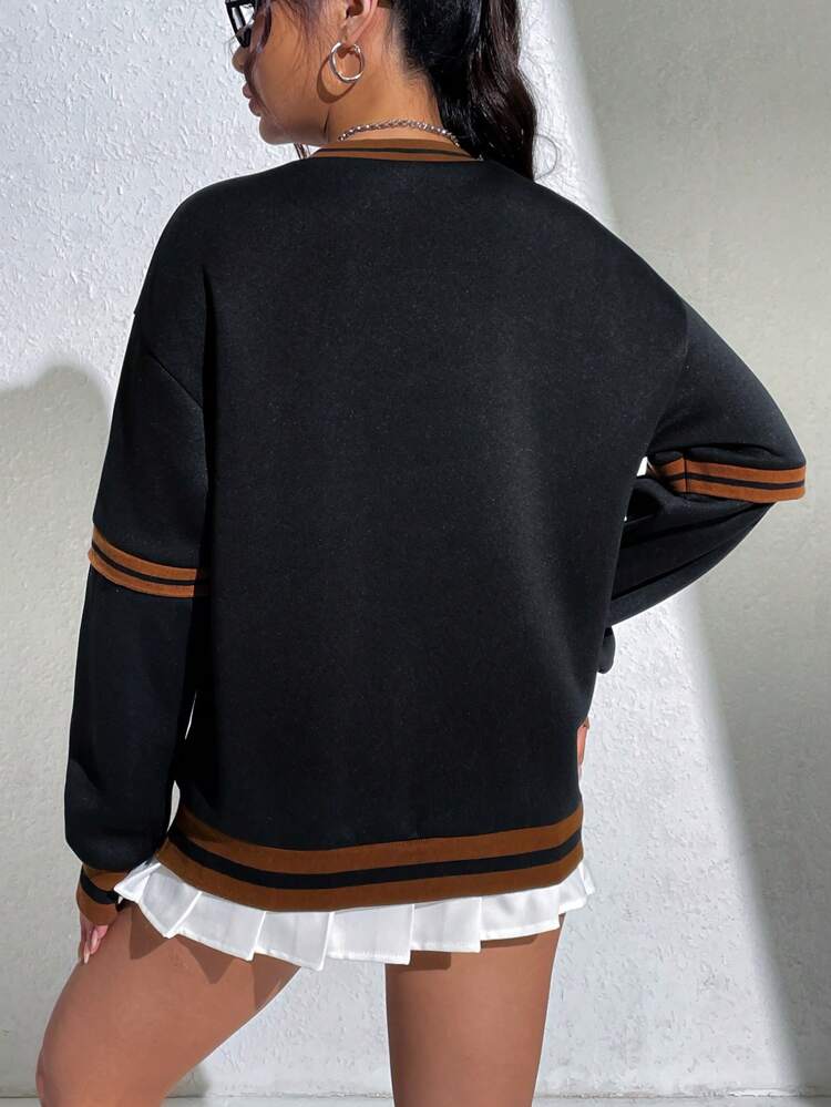 Letter Graphic Striped Trim Drop Shoulder Sweatshirt Pullover Fall Sweatshirt