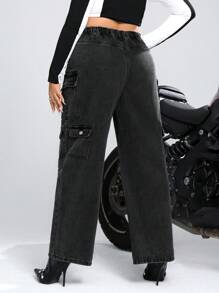 SHEIN ICON Hơn Cao eo Túi có nắp Quần jean chở hàng - màu đen - Xem 2