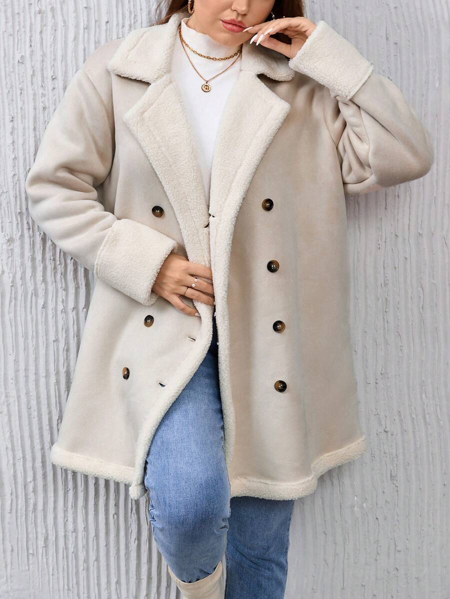 SHEIN Essnce Große Größen Doppelreihiger Teddyfutter Mantel, für den Winter - Beige - Übersicht 1