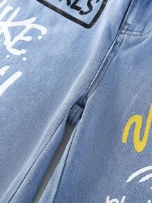 女大童字母圖案牛仔褲 - 淺色水洗藍 - 查看 3