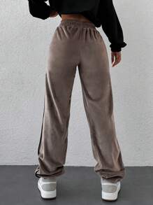 EURMUSE Elastic Waist Contrast Side Seam Pants - Brown - View 2