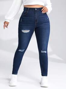 SHEIN EZwear Plus Ripped Skinny Jeans - Medium Wash - View 1