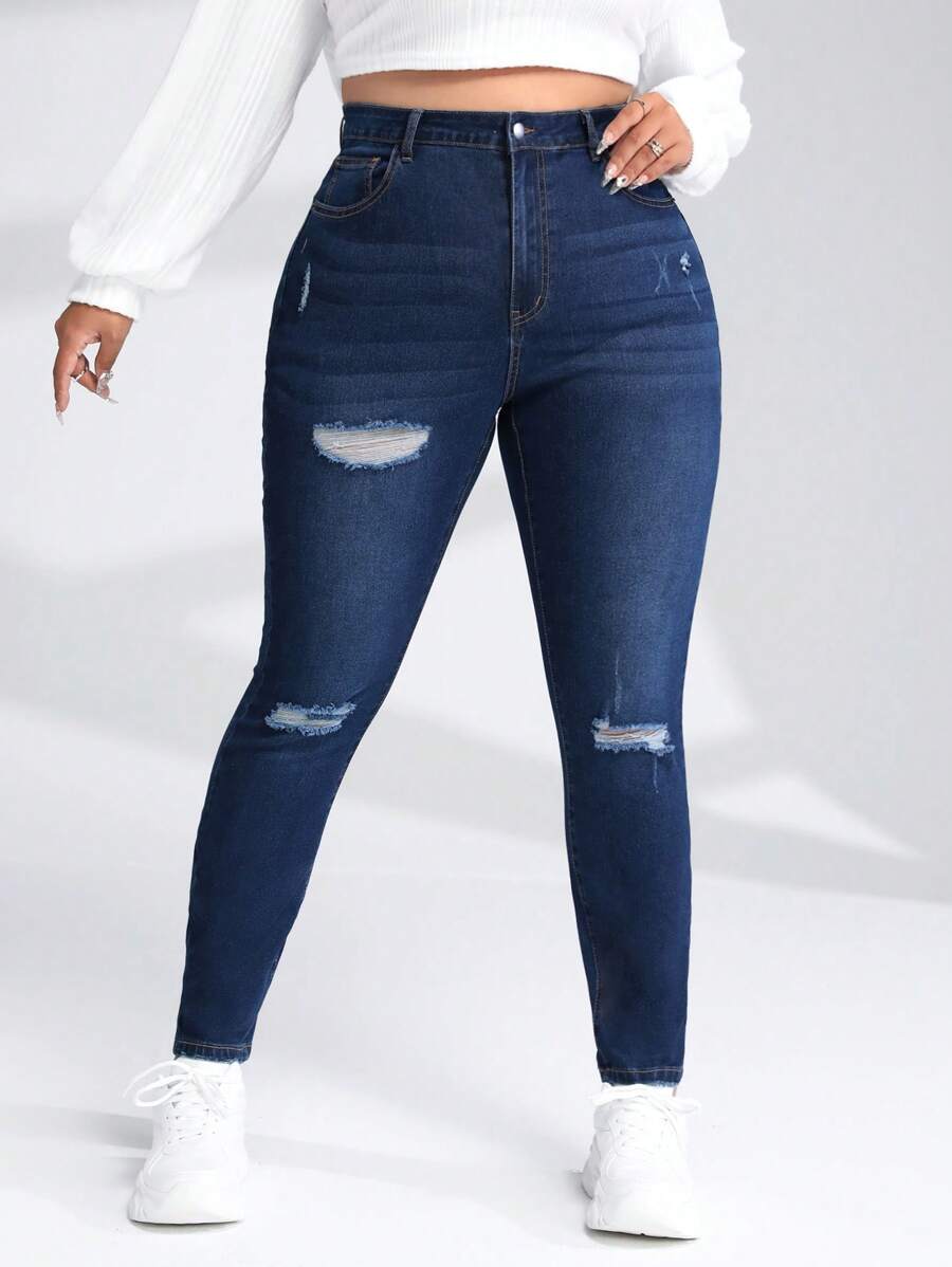 SHEIN EZwear Plus Ripped Skinny Jeans - Medium Wash - View 1