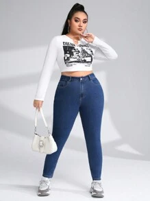 SHEIN EZwear Plus Zipper Fly Skinny Jeans - Dark Wash - View 4