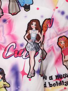 SHEIN Tween Girl 1 件装人物与口号图案拉链夹棉外套 - 彩色 - 查看 4