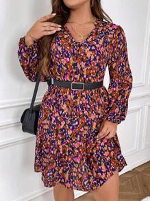 SHEIN Frenchy Plus Allover Print Lantern Sleeve Dress Without Belt - Multicolor - View 5