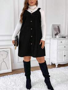 SHEIN Frenchy Plus Button Front Overall Dress Without Sweater - Black - View 6