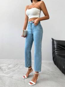 EURMUSE High Waist Straight Leg Cropped Jeans - Light Wash - View 3