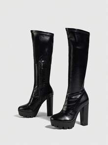Women's Round Toe Knee-high Elastic Side Zipper Pu Black Boots With Double-sided Coarse High Heel And Waterproof Platform - Black - View 5