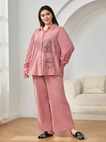 Mulvari 大碼印花落肩袖襯衫&闊腿褲 - 粉色 - 查看 3