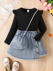 SHEIN Chica Joven ribete con fruncido Camiseta & ribete crudo bajo asimétrico Falda & Bolso