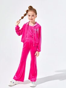 SHEIN 女大童水鑽字母圖案連帽絲絨夾克和喇叭褲和吊帶上衣 - 玫紅色 - 查看 1