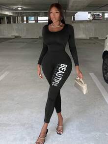 Slaydiva Letter Graphic Scoop Neck Unitard Jumpsuit - Black - View 4