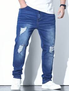 Manfinity 男士大码破洞抽鬚貓抓痕直筒牛仔褲 - 藍色 - 查看 6