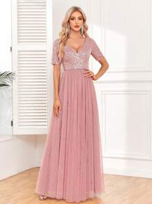 Sequin Mesh Patchwork Long Bridesmaid Dress, Elegant Short Sleeve Formal Evening Gown For Wedding Guest, Graduation Ceremony, Cocktail Party - Dusty Pink - View 7