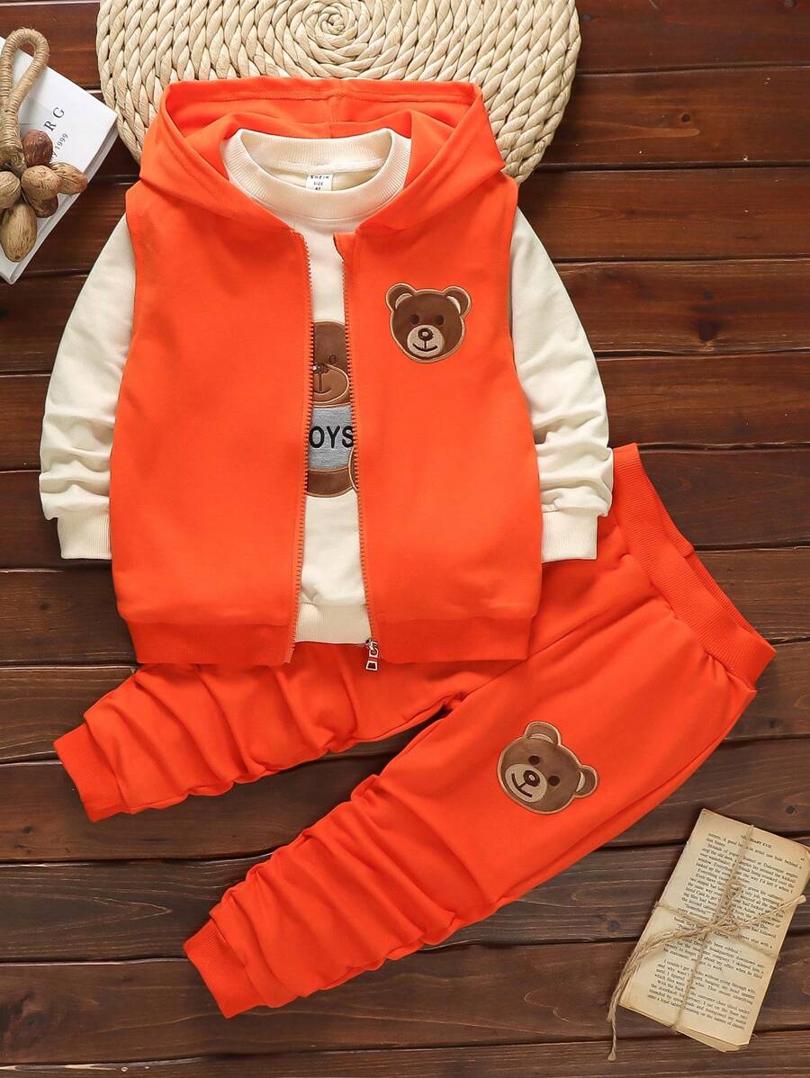 SHEIN Young Boy Bear Print Sweatshirt & Zip Up Hoodie & Sweatpants Chic Outfits For Autumn/Winter