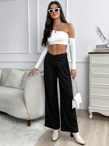 SHEIN Essnce Solid Wide Leg Suit Pants - Black - View 3