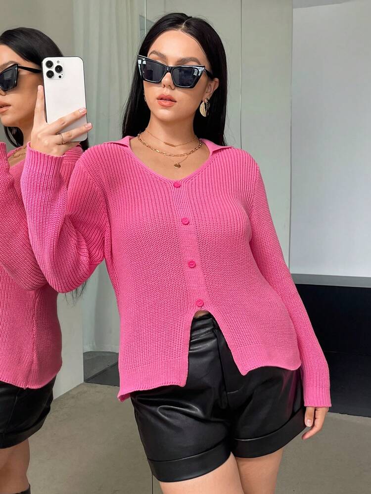 Plus Ribbed Knit Button Front Split Hem Sweater