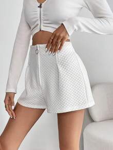 SHEIN Essnce Letter Patched Detail O-ring Zipper Front Shorts - White - View 5