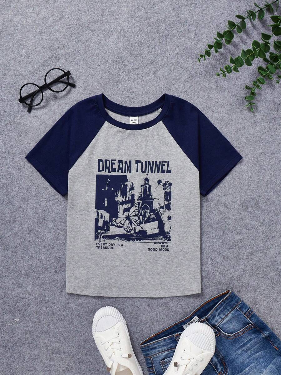 SHEIN Teen Girl Building & Slogan Graphic Raglan Sleeve Tee - Navy Blue - View 1