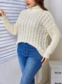 SHEIN Unity Áo len cổ lọ dệt kim dáng suông, vai rớt, thích hợp cho mùa thu đông. - trắng - Xem 5